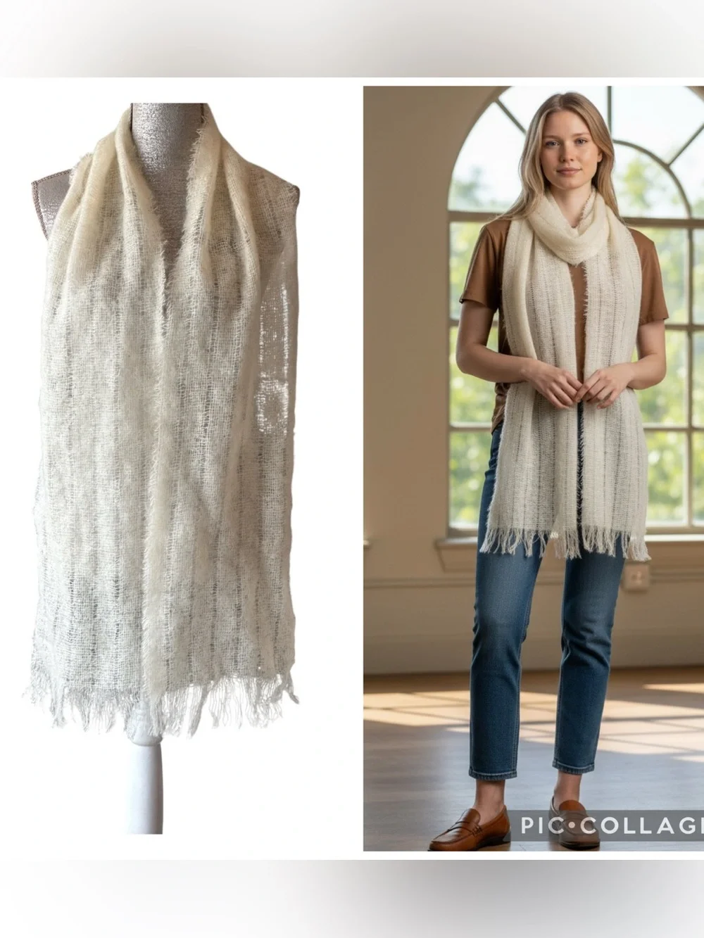 Avoca Handweavers Ivory Mohair Wool Fringe Scarf Wrap Ireland Size OS